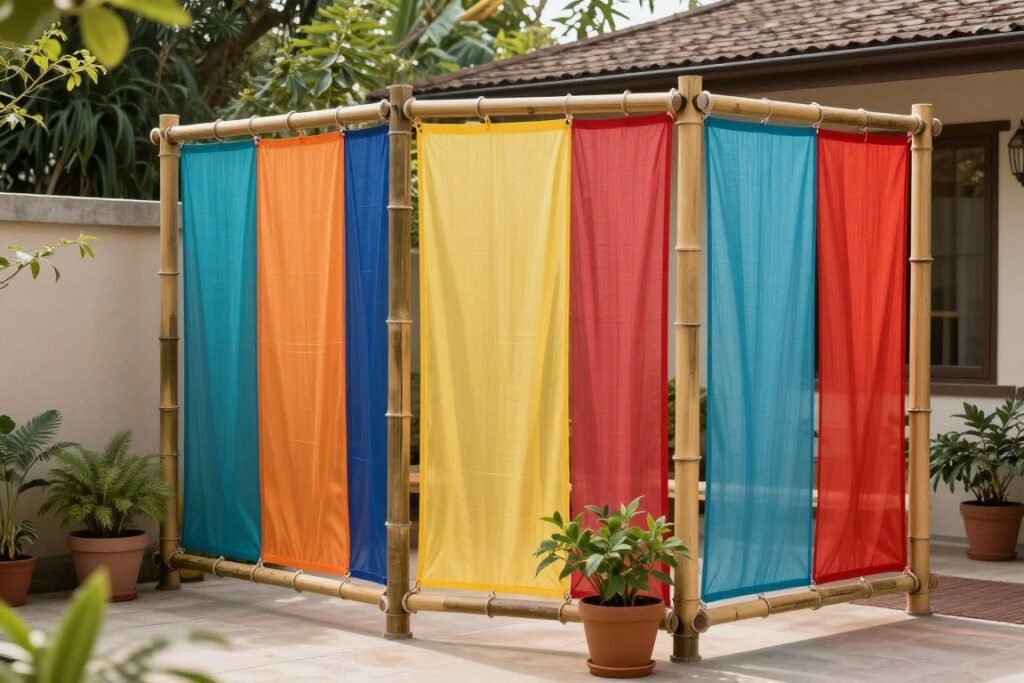 DIY privacy screen made from bamboo and fabric on a budget patio