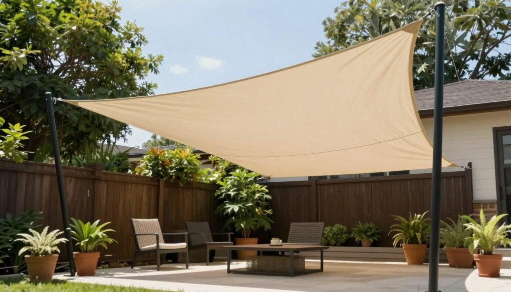 DIY sail shade providing cover over a backyard seating area