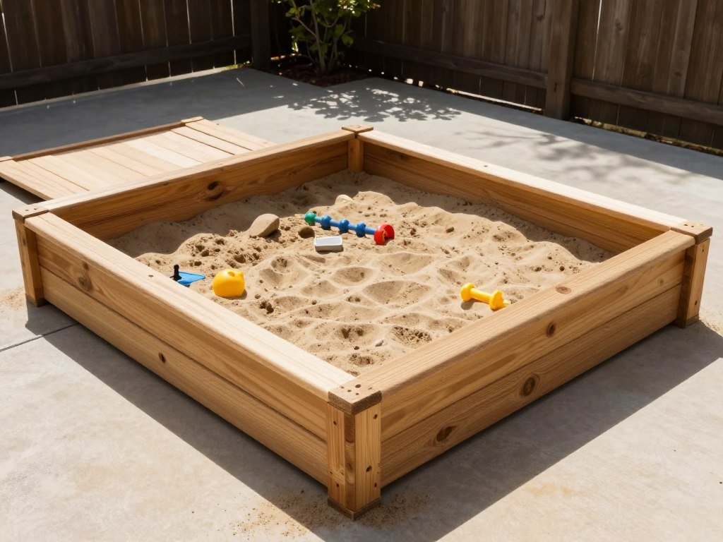 DIY sandbox made from landscape timbers with a simple cover, easy backyard ideas on a budget