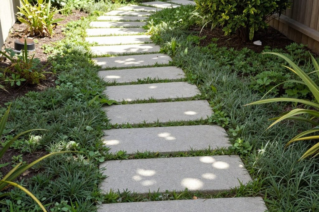 DIY stepping stone pathway through a garden area, easy backyard ideas on a budget