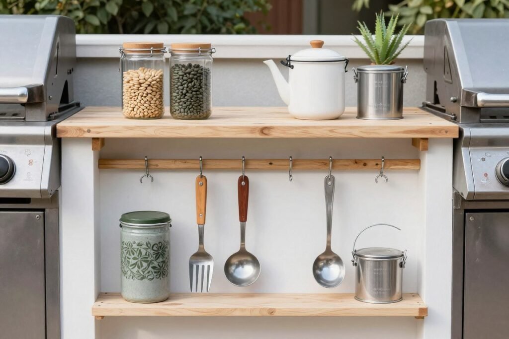 DIY storage solutions for outdoor grill area including repurposed containers and hanging utensils