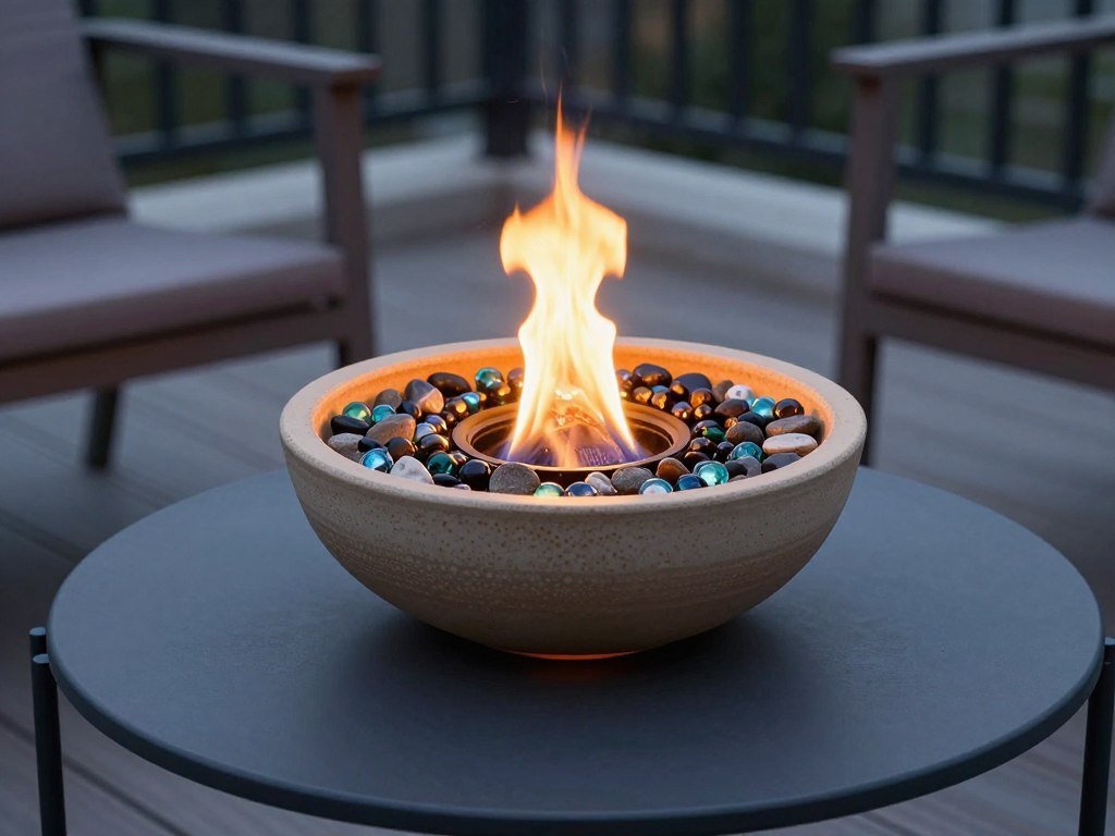 DIY tabletop fire bowl on an outdoor coffee table, easy backyard ideas on a budget