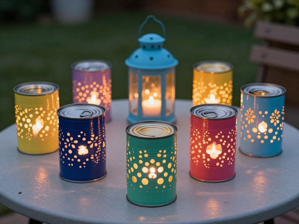 DIY tin can lanterns with punched patterns for budget patio lighting