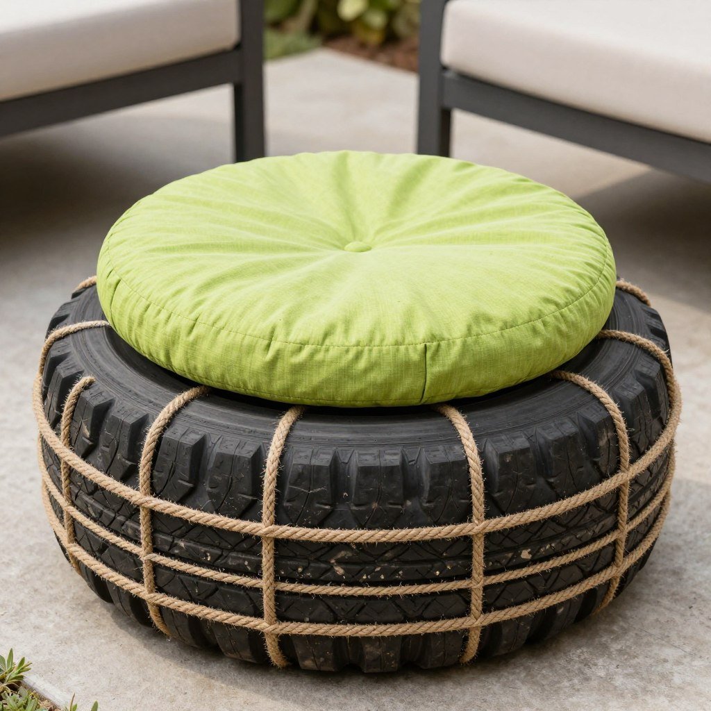 DIY tire ottoman covered in rope for budget patio decor