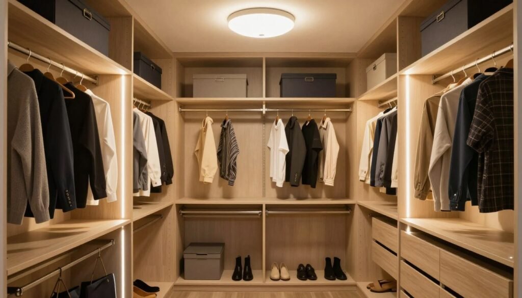 DIY walk in closet with budget-friendly lighting solutions highlighting the organized space DIY walk in closet with budget-friendly lighting solutions highlighting the organized space