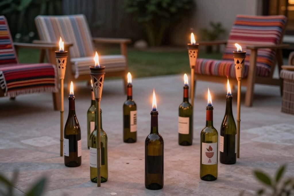 DIY wine bottle tiki torches illuminating a budget patio