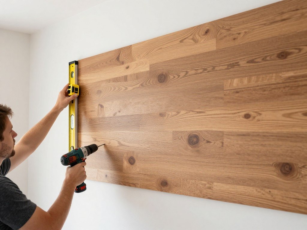 DIY wood accent wall in progress with tools visible