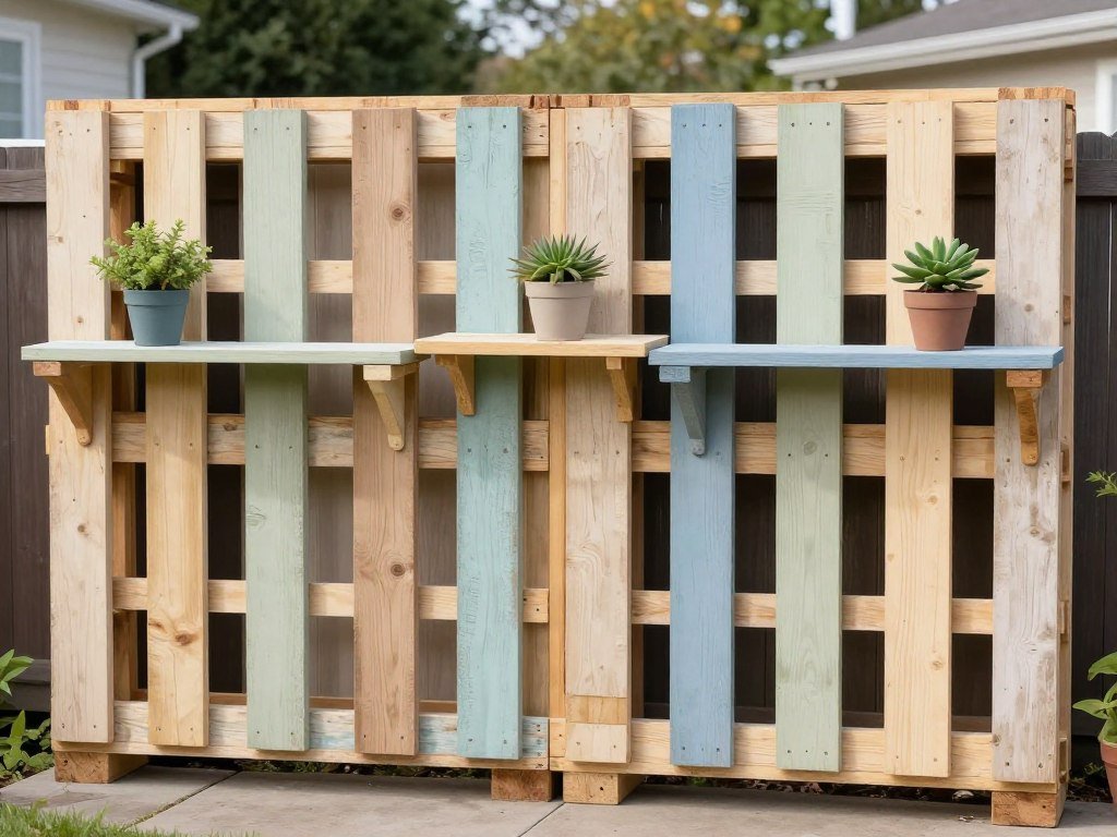 DIY wooden pallet privacy fence with vertical installation and decorative plants