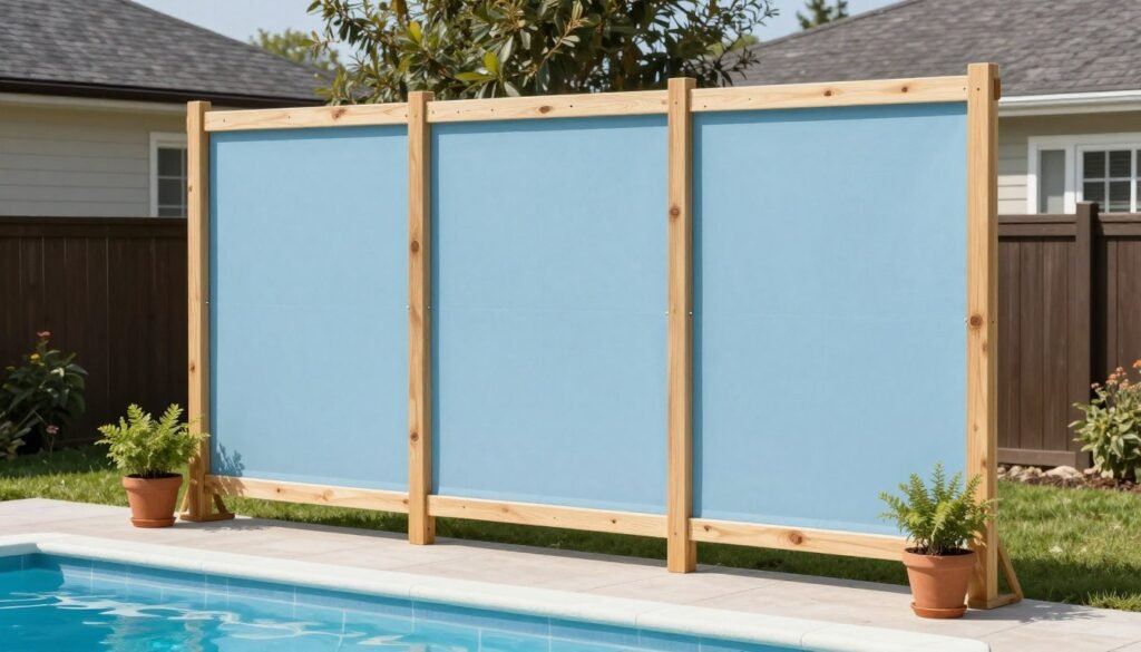 DIY wooden privacy screen with outdoor fabric providing pool privacy