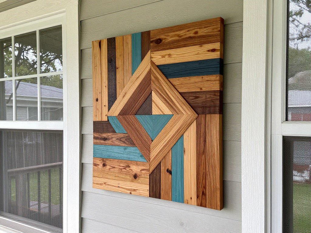 DIY wooden wall art on a screened porch made from reclaimed materials