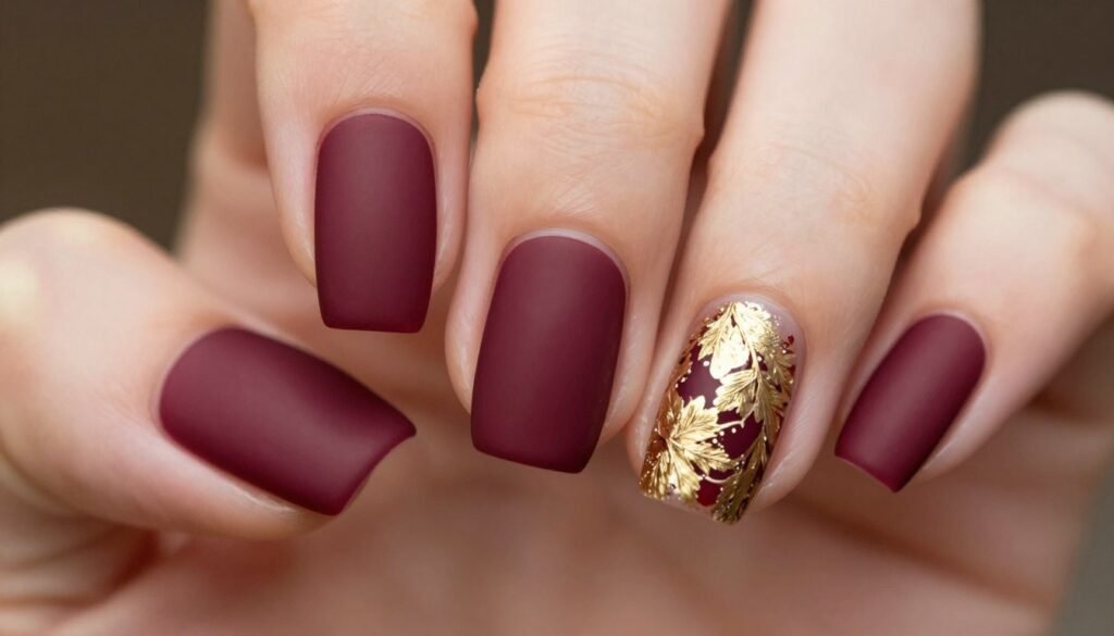 Deep burgundy manicure with gold leaf accent nail