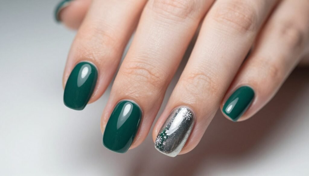 Deep emerald green manicure with subtle silver accent