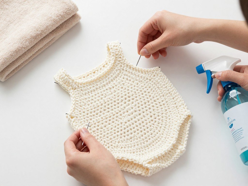 Demonstration of proper blocking and drying of a crochet babydoll top