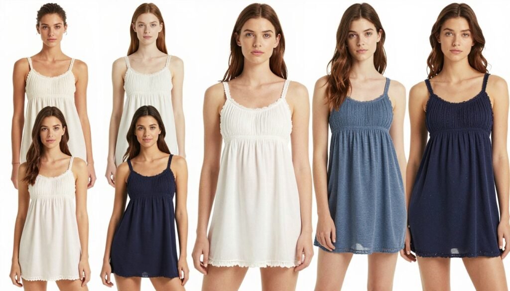 Different body types wearing babydoll tops styled to flatter their silhouettes