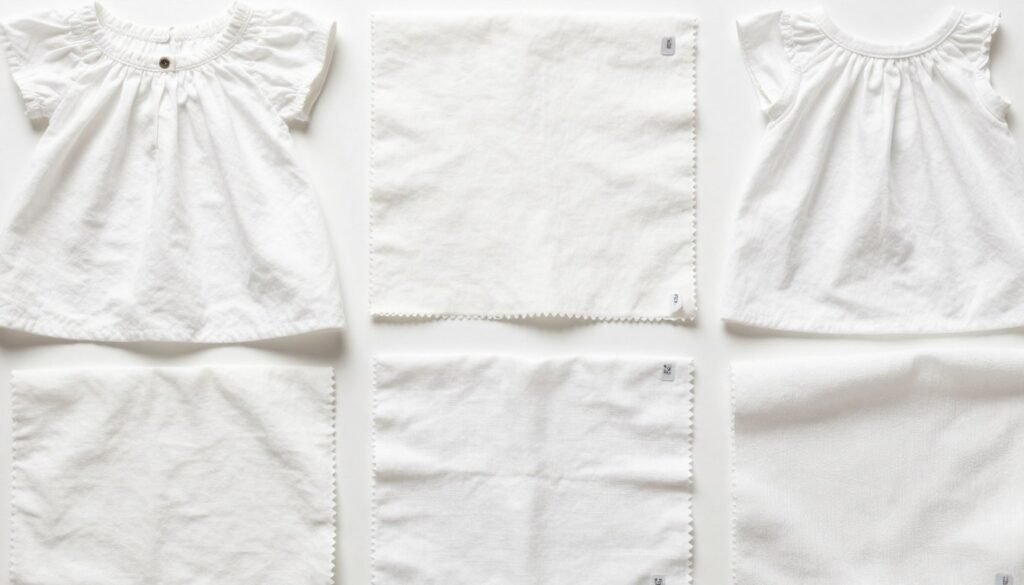 Different fabric swatches of white materials used for babydoll dresses