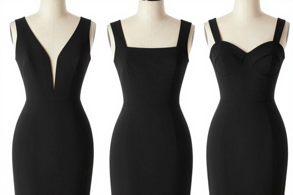 Different neckline styles for black graduation dresses including V-neck, square, and sweetheart