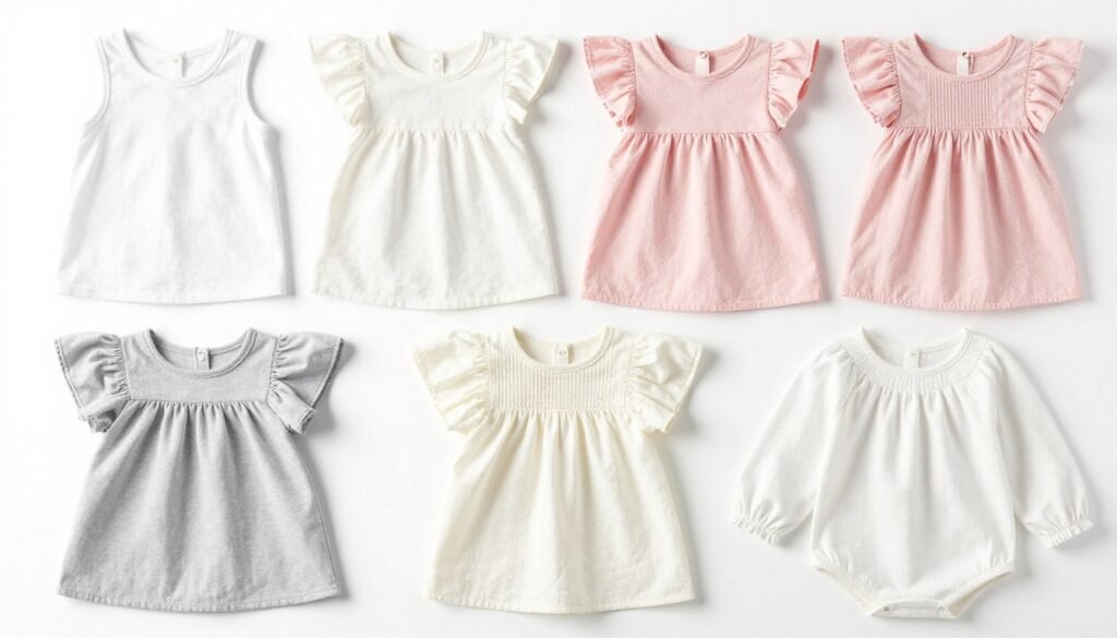Different sleeve styles for babydoll tops including sleeveless, flutter sleeve, and long sleeve options