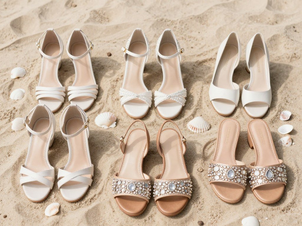 Display of elegant yet practical footwear options for beach weddings