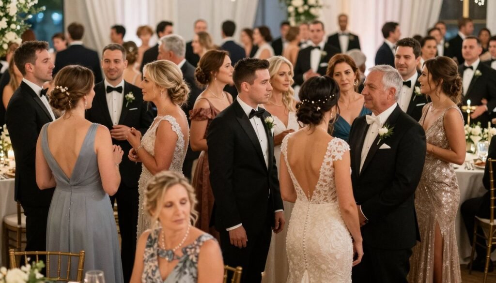 Diverse wedding guests in various appropriate attire styles