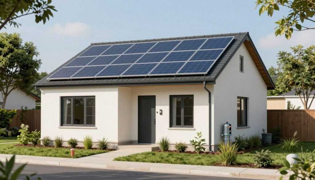 Eco-friendly budget home with solar panels and sustainable features