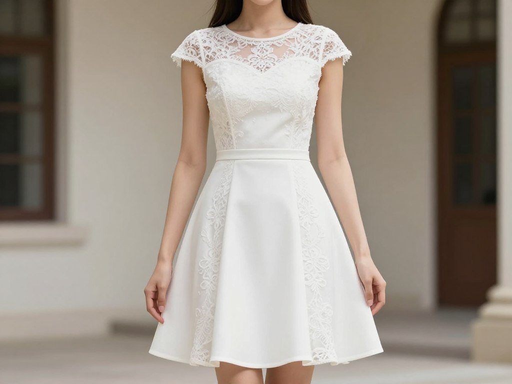 Elegant A-line white graduation dress with subtle lace details and cap sleeves