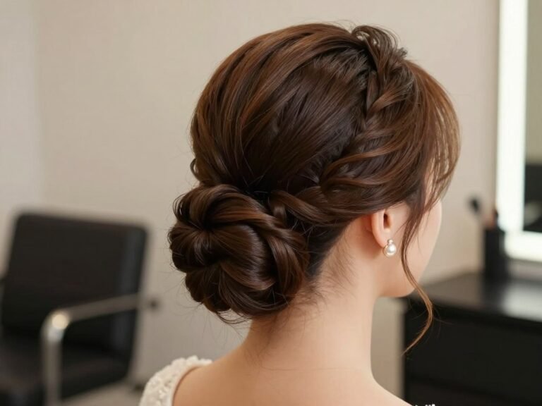 Elegant French twist wedding guest updo with volume at the crown