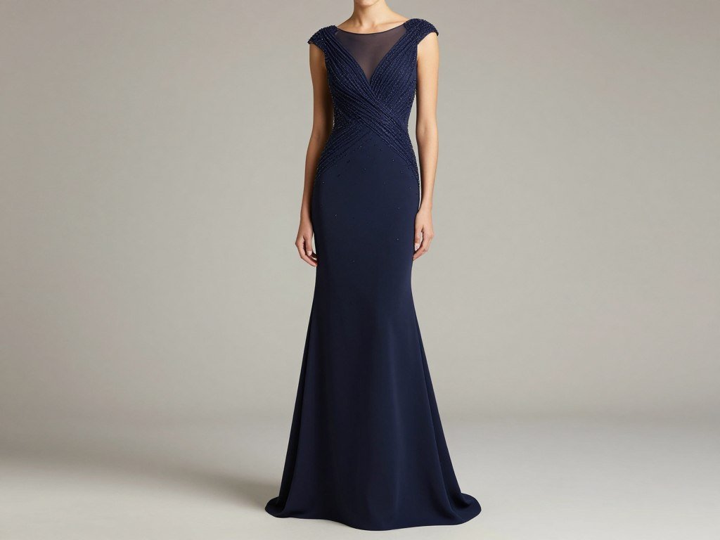 Elegant black tie wedding guest dress in deep navy blue with subtle beading