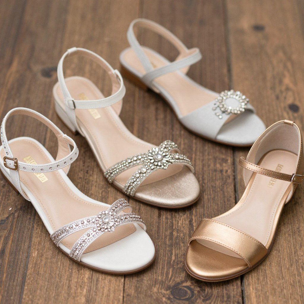 Elegant flat sandals and embellished flats appropriate for country wedding guests