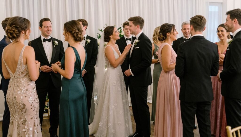 Elegant group of guests in various formal wedding attire at a sophisticated venue