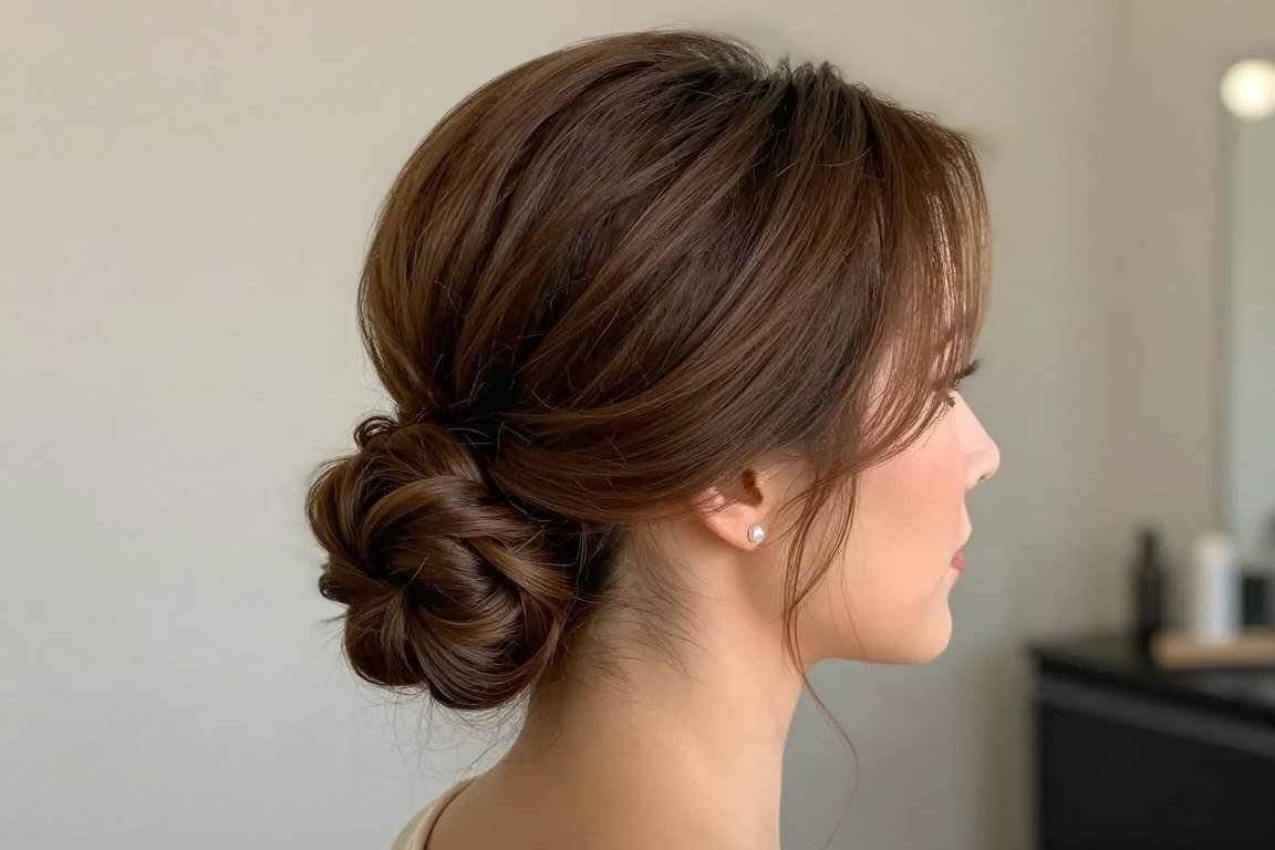 Elegant low chignon updo for wedding guest with medium length hair