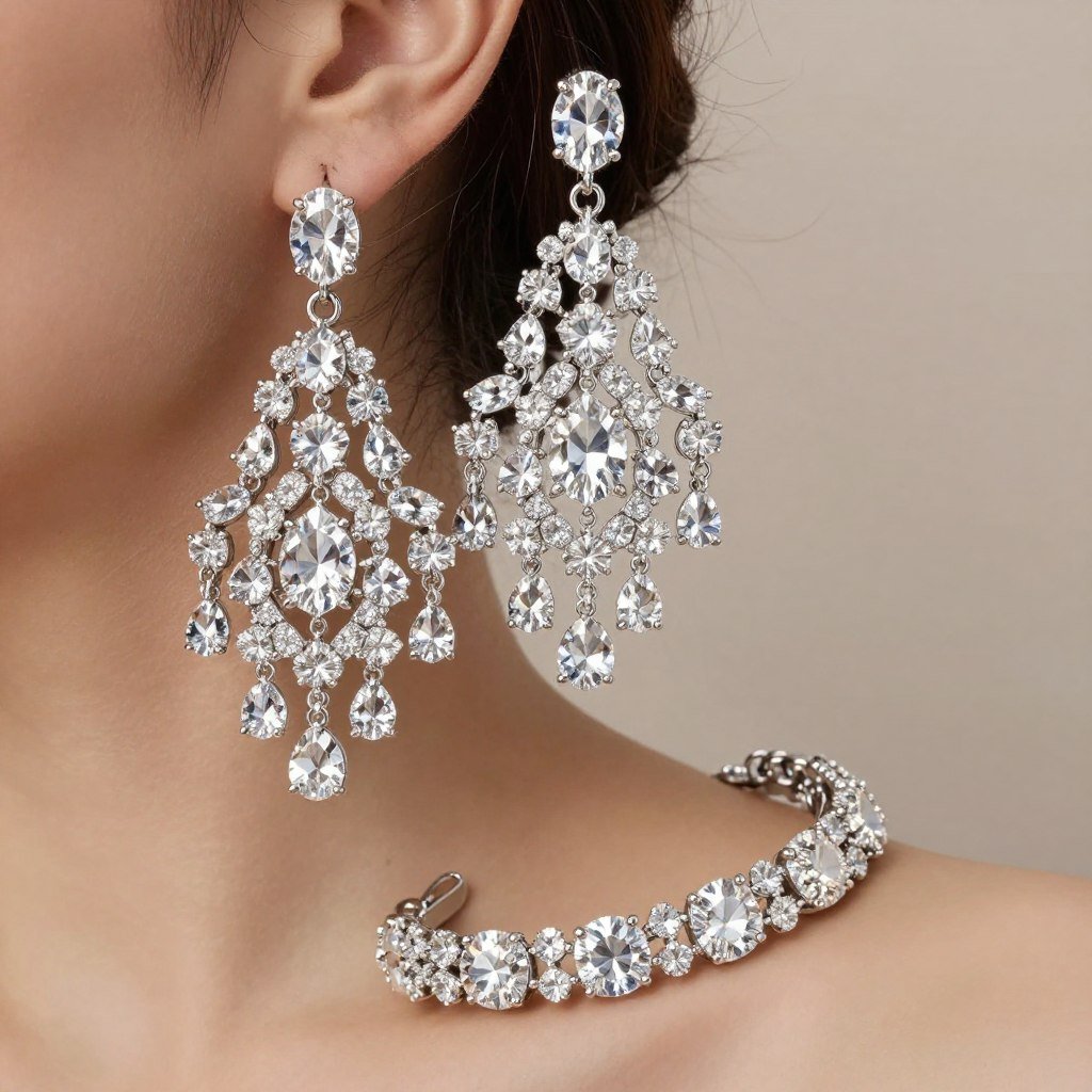 Elegant statement earrings and bracelet suitable for formal wedding guest attire