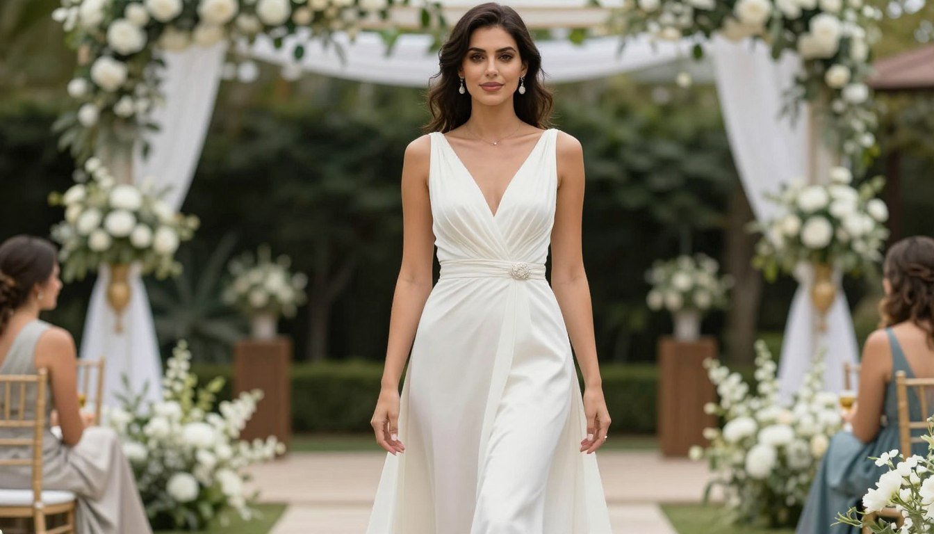 Elegant wedding guest outfit with woman in maxi dress at outdoor wedding venue