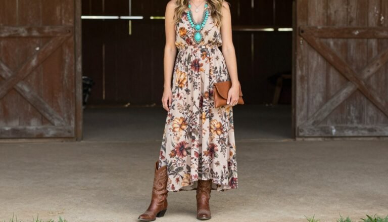 Elegant western wedding guest outfit featuring a woman in a floral maxi dress with cowboy boots and western accessories