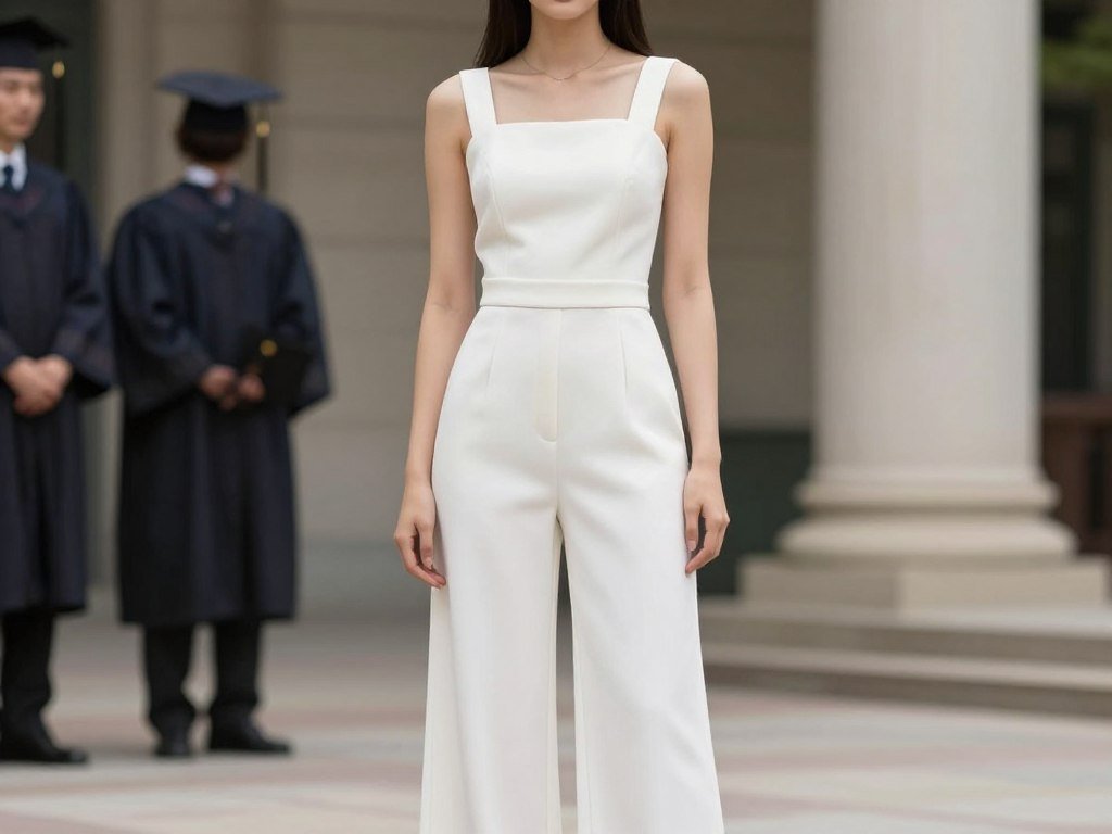 Elegant white jumpsuit with wide legs and structured bodice for graduation