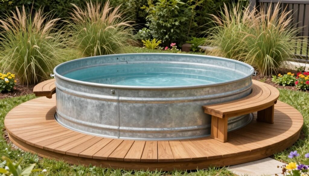 Enhanced stock tank pool with wooden surround, built-in seating and landscaping