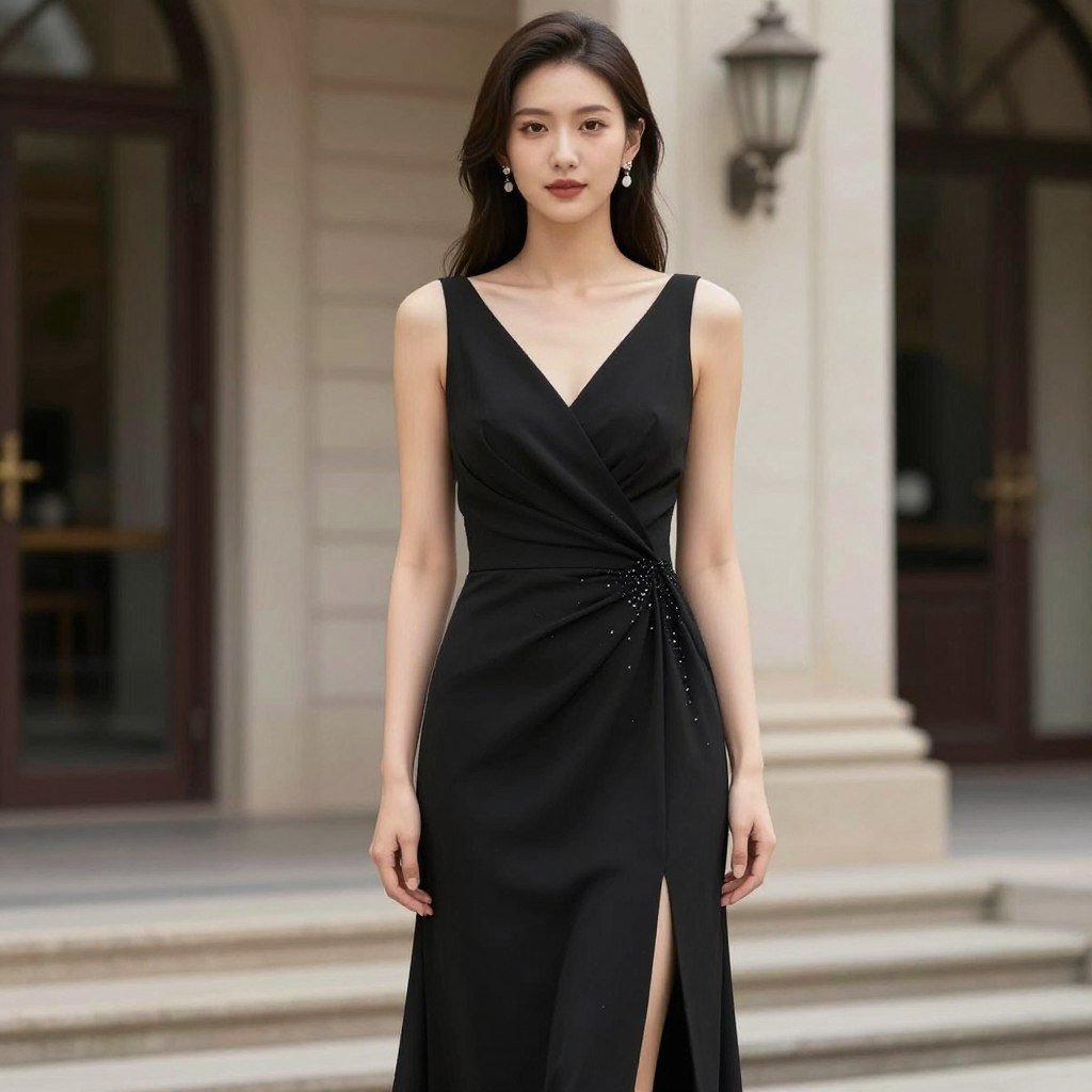 Evening cocktail wedding guest dress in classic black with subtle embellishment