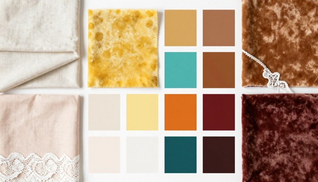 Fabric swatches and color palettes suitable for country wedding guest attire across seasons