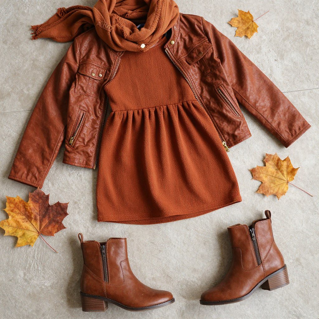 Fall babydoll dress in rust color with boots and leather jacket