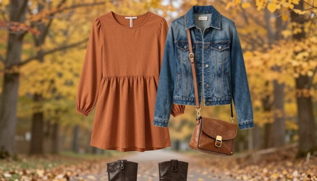 Fall outfit with long sleeve babydoll top layered with jacket and boots