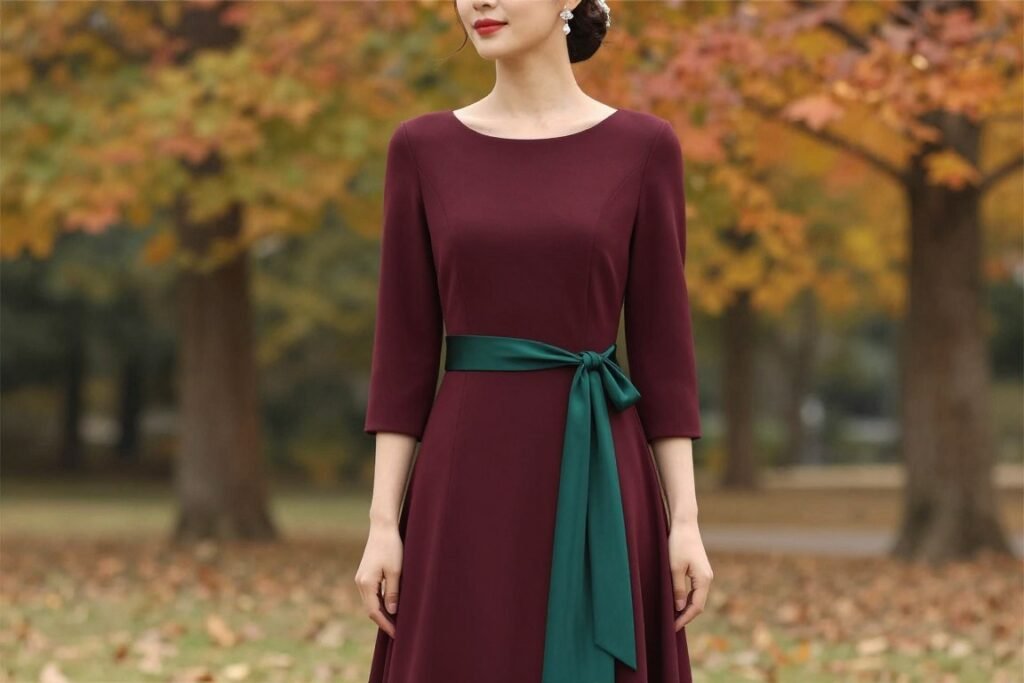 Fall wedding guest outfit with jewel-toned dress