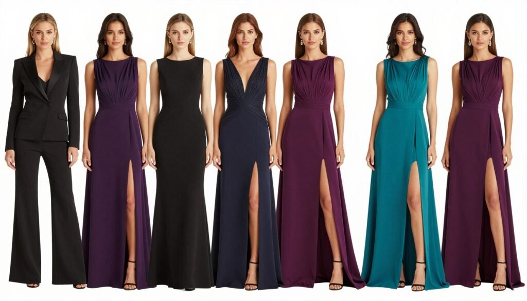 Fashion-forward black tie wedding guest dresses on display