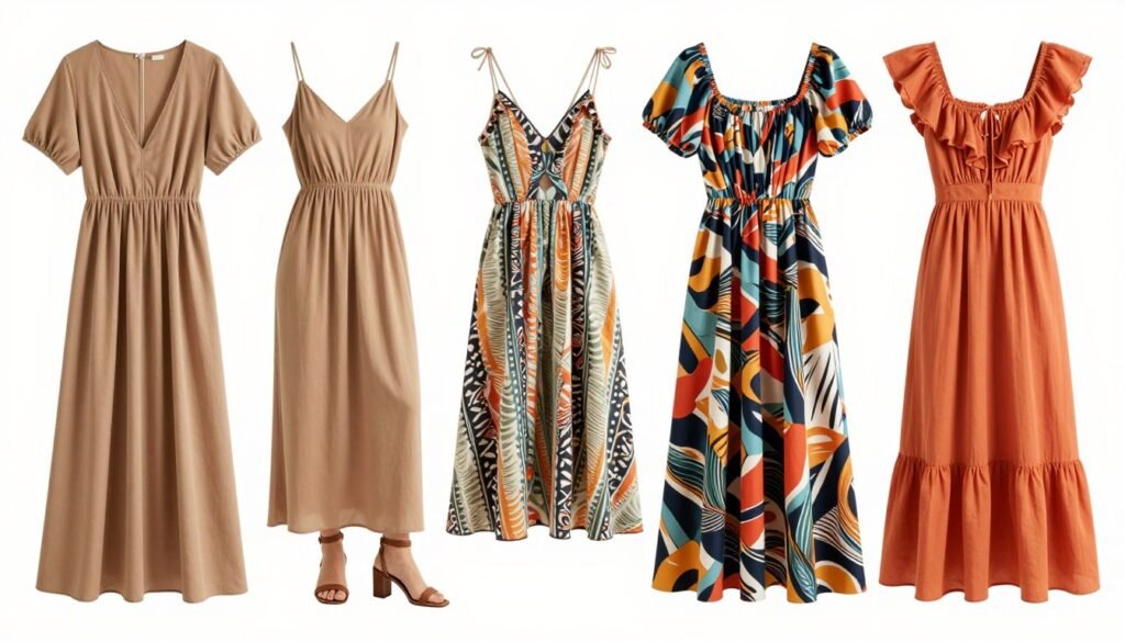 Fashion mood board showing current long summer dress trends