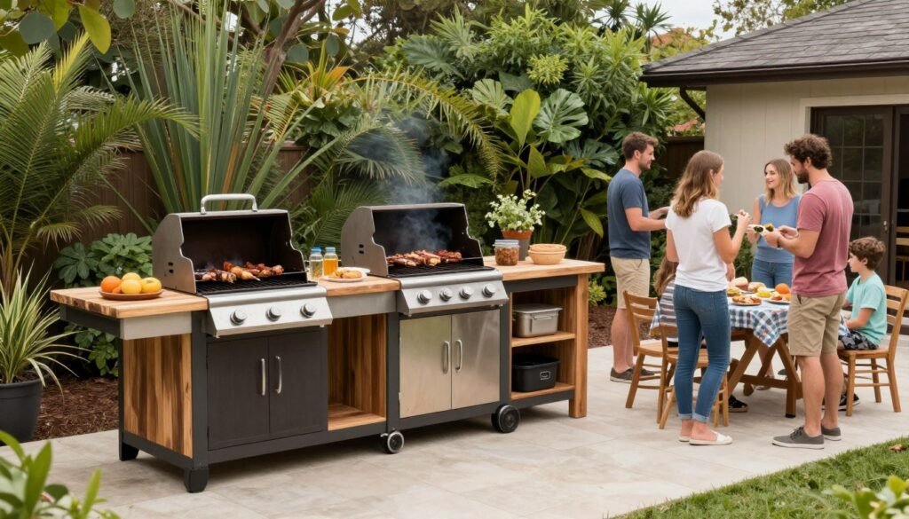 Finished DIY outdoor grill area on a budget with friends enjoying a barbecue gathering