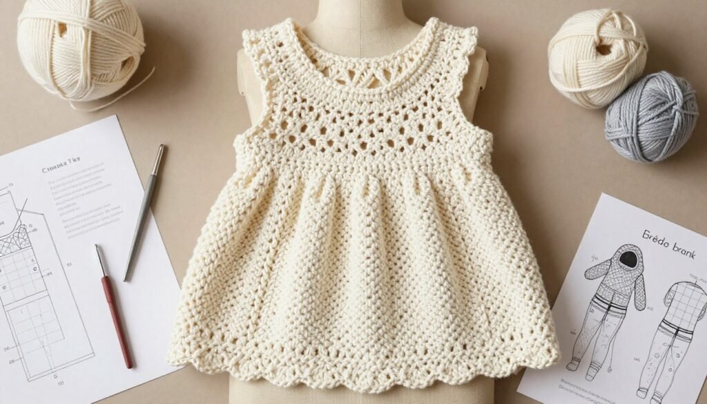 Finished crochet babydoll top displayed on a dress form with crafting materials nearby