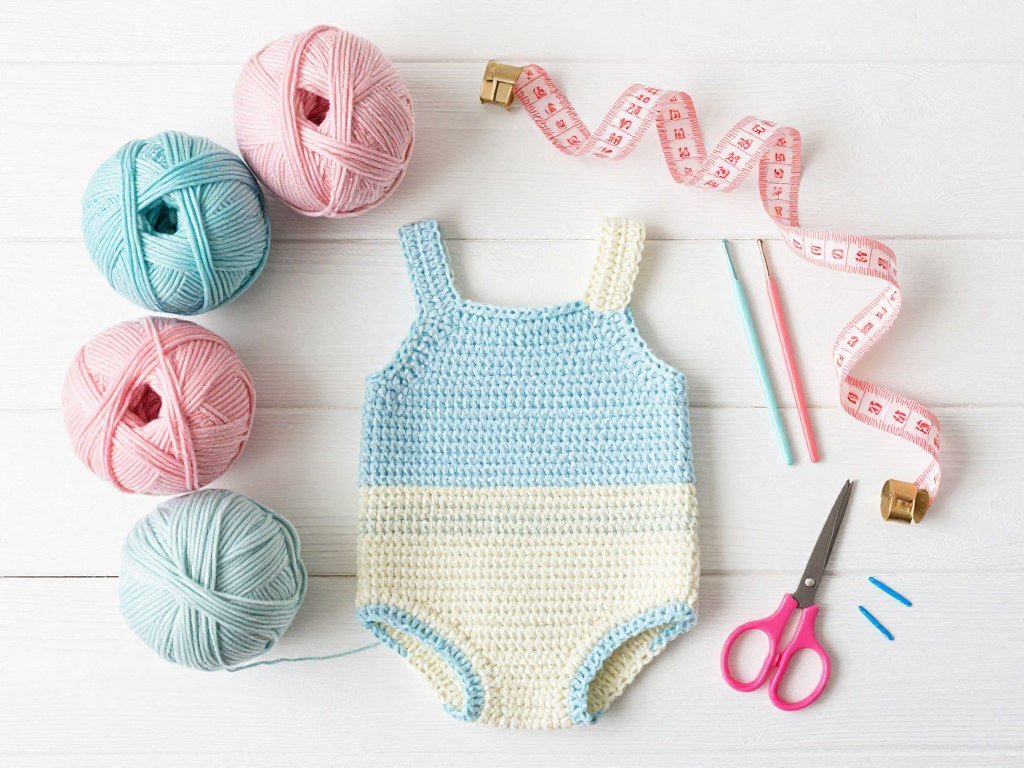 Flat lay of crochet materials for making a babydoll top including cotton yarn in pastel colors, various crochet hooks, and measuring tape