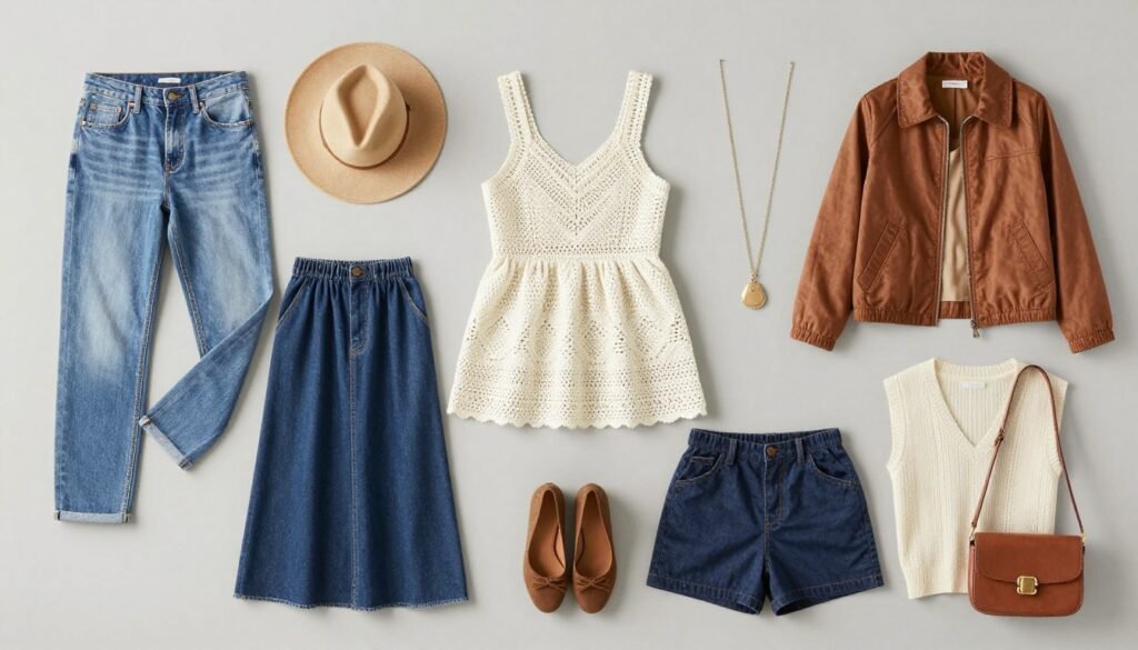 Flat lay of multiple outfit combinations featuring a crochet babydoll top