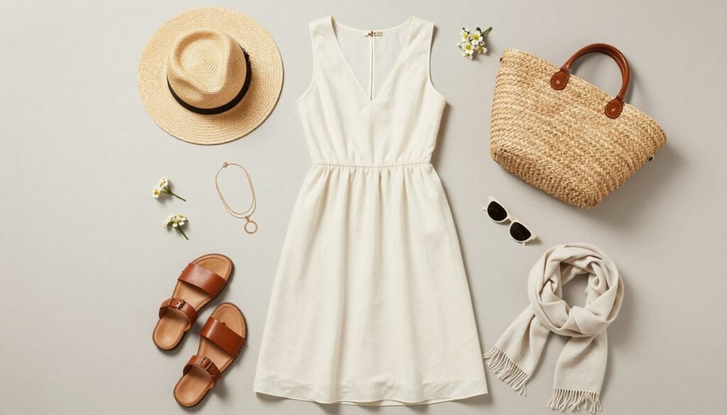 Flat lay of summer accessories for styling long dresses