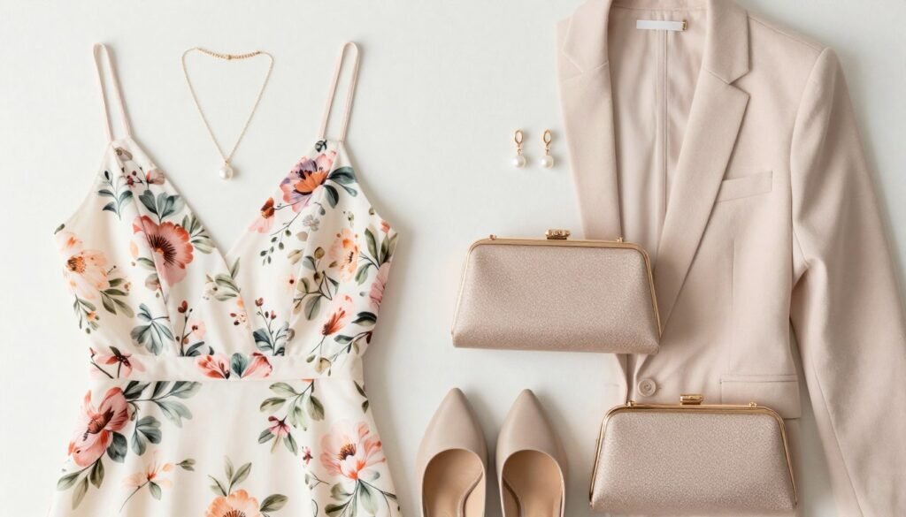 Flatlay of accessories paired with a floral wedding guest dress including jewelry, shoes, and clutch