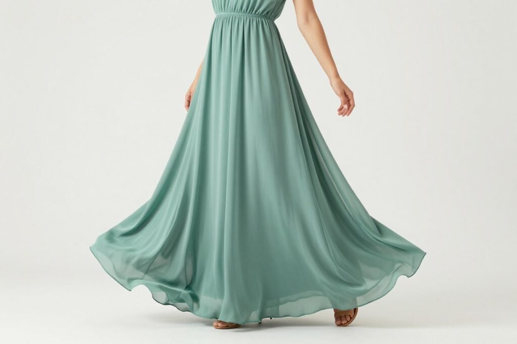 Flowing maxi wedding guest dress in sage green showing floor-length elegance