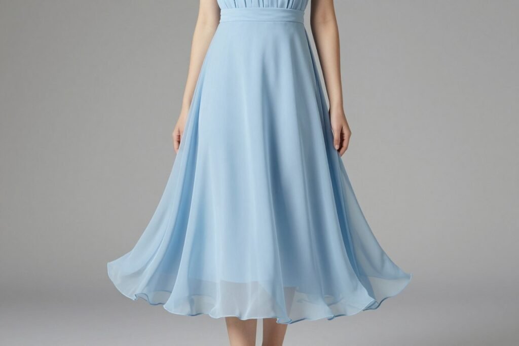 Flowy midi graduation dress in light blue chiffon
